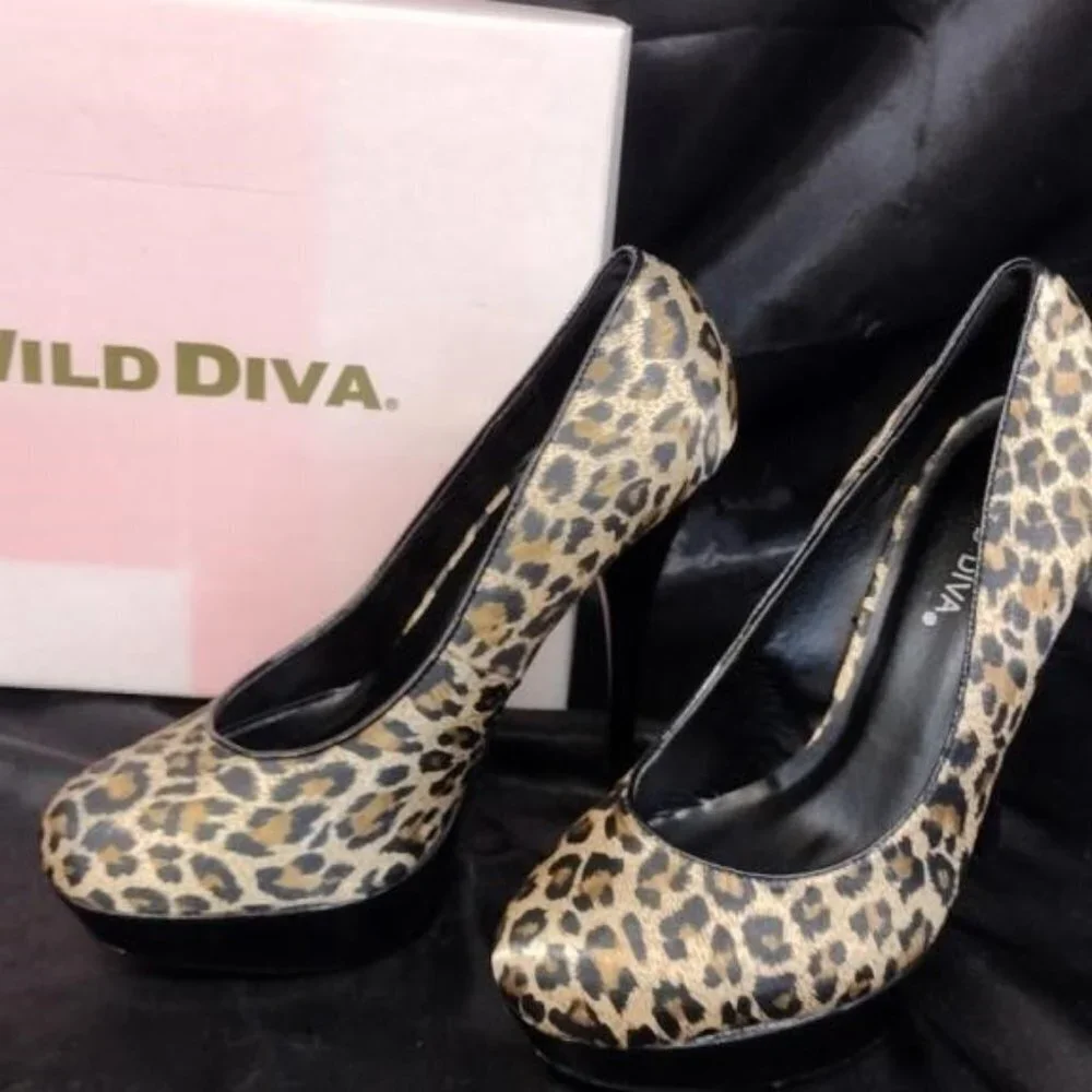 BOGO WILD DIVA SATIN LEOPARD ANIMAL PRINT HIGH HEELS PUMPS SHOES STILETTOS 8